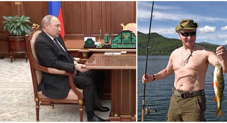 Left: President Vladimir Putin grips the table in an April 2022 meeting, while right, Putin shirtless in 2017 while holding up a freshly caught fish