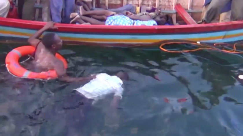 MV Nyerere that overturned is seen off the shores of Ukara Island in Lake Victoria