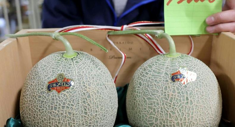 A pair of premium Japanese melons have sold for just a slice of the five million yen ($46,000) reached at auction last year