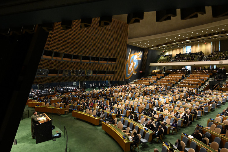 Prezydent Ukrainy Wołodymyr Zełenski przemawia podczas 78. sesji Zgromadzenia Ogólnego ONZ w siedzibie ONZ w Nowym Jorku, 19 września 2023 r.
