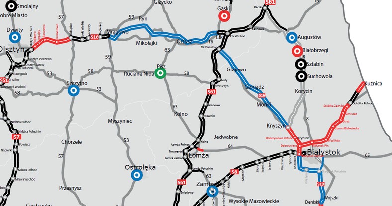 Mapa budowy dróg z widocznym odcinkiem S16