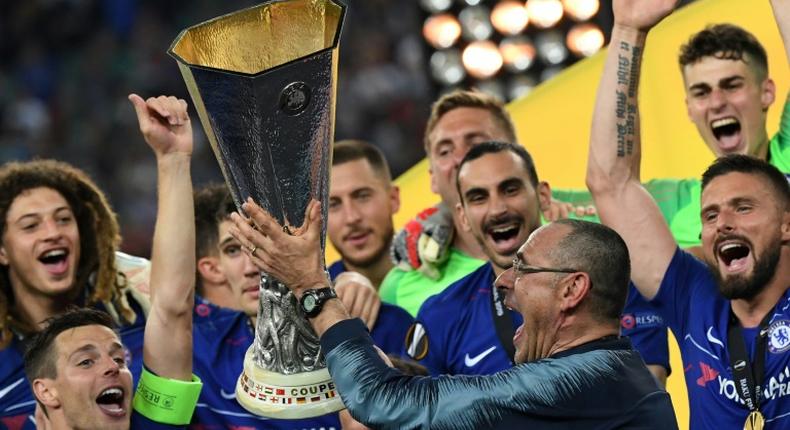 Maurizio Sarri lifted his first trophy as a coach in his final game in charge of Chelsea