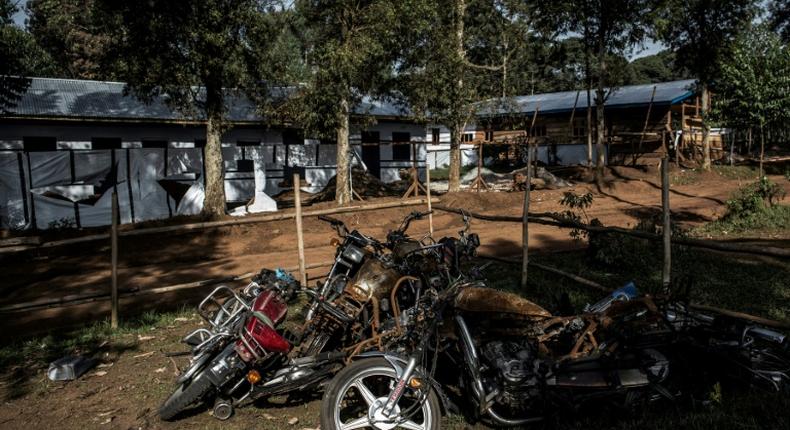 Motorbikes burnt during an attack outside an Ebola treatment centre in Butembo, the epicentre of the latest outbreak