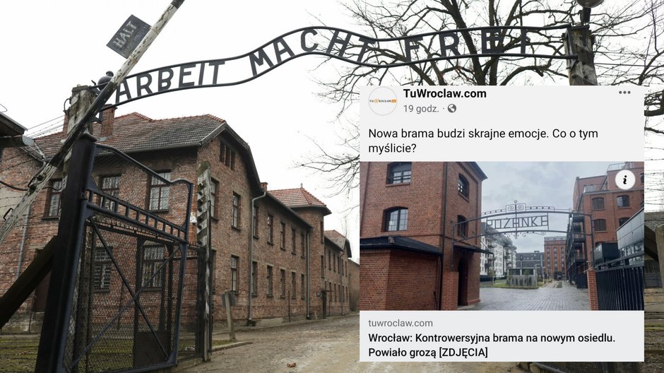 Brama na nowym osiedlu we Wrocławiu przypomina tę z obozu Auschwitz-Birkenau (fot. TuWrcolaw.com/Facebook)