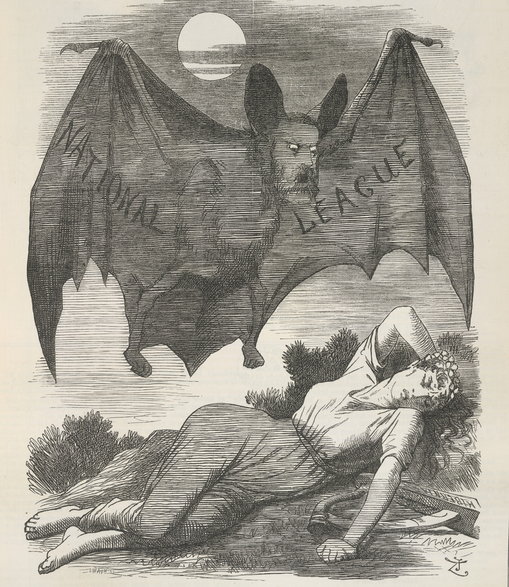 Karykatura polityczna z 1885 r., przedstawiająca Irlandzką Ligę Narodową jako "wampira" polującego na śpiącą kobietę
