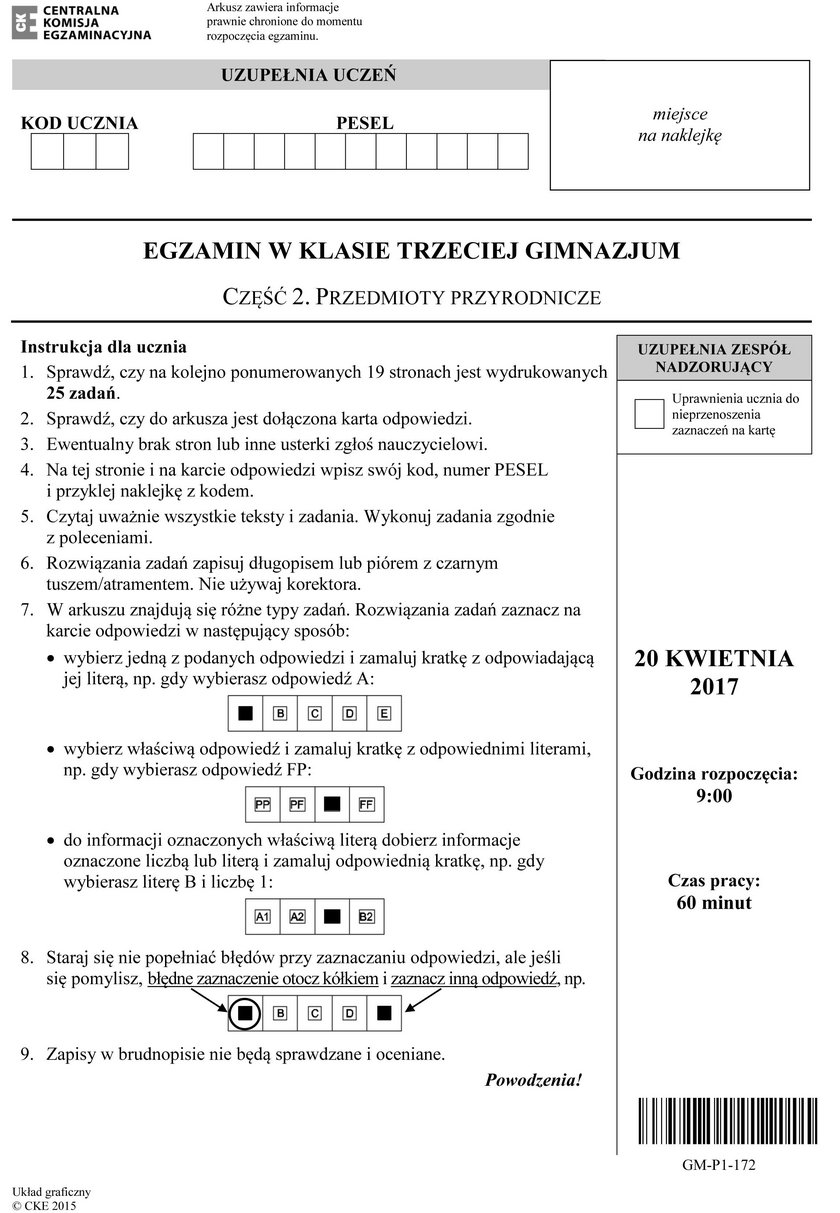 Egzamin gimnazjalny 2017: część matematyczno-przyrodnicza