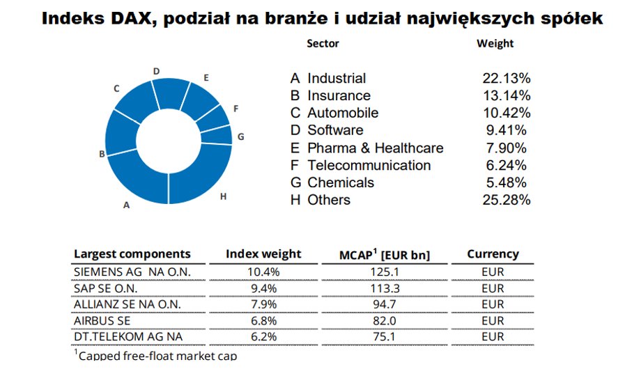 Największy udział w indeksie DAX mają kolejno sektory: przemysłowy, ubezpieczeniowy, motoryzacyjny, IT, farmaceutyczny i ochrony zdrowia, telekomunikacyjny, chemiczny. Największą wagę w portfelu mają Siemens, SAP, Allianz, Airbus i DT.Telekom.