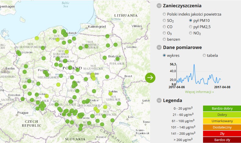 Stężenie pyłu pM10 - 2017-04-08 w godzinach od 7:00 do 8:00