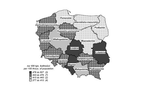 Mapa zgonów z powodu chorób układu krążenia - 2007 r./ oprac. GUS.