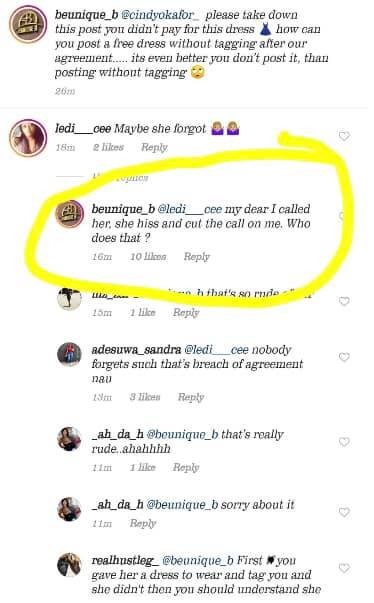 A screenshot of the allegations by Beunique fashion owner on Instagram after Cindy posted her picture allegedly wearing the brand's dress. 