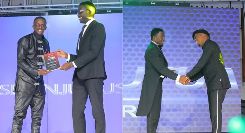 A collage image of Njugush receiving his award from CA’s Ezra Chiloba and Abel Mutua receiving his award from CS Ababu Namwamba