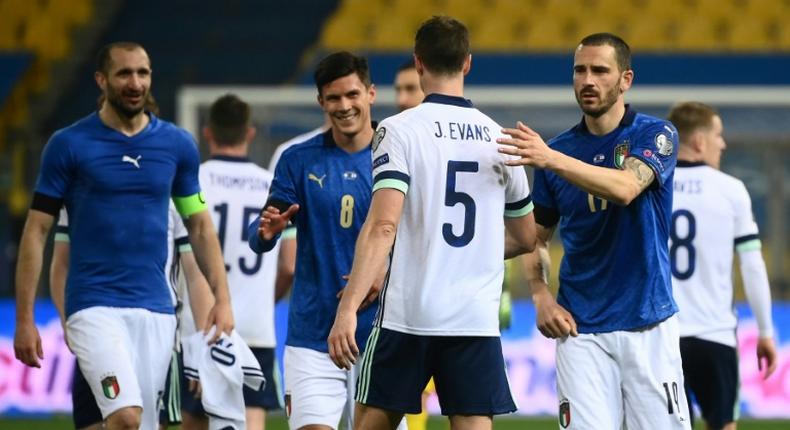 Italy midfielder Matteo Pessina (C) and defender Leonardo Bonucci (R) both contracted coronavirus on international duty.