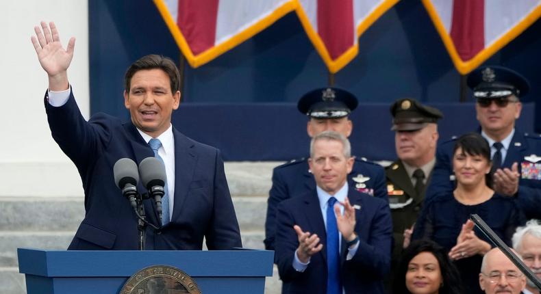 Florida Gov. Ron DeSantis waves after being sworn in for his second term during an inauguration ceremony at the Old Capitol, Tuesday, January 3, 2023, in Tallahassee, Florida.Lynne Sladky/AP Photo