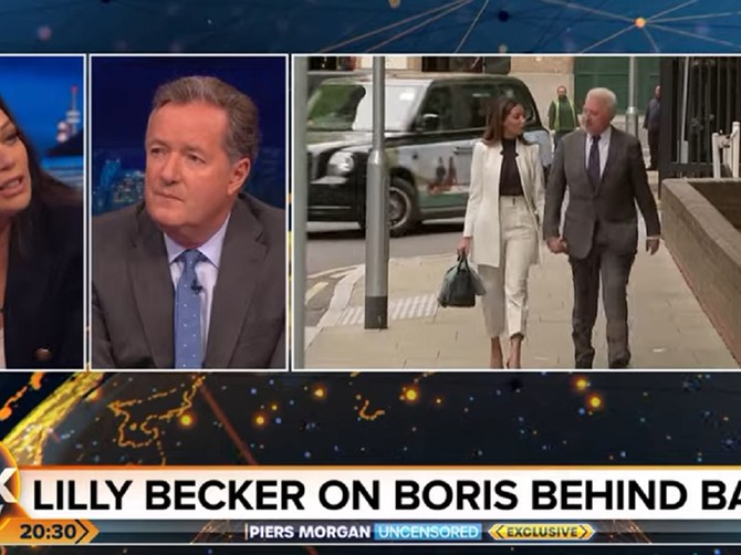 Lili Beker u emisiji Pirsa Morgana, u pozadini vidite Borisa Bekera kako sa sadašnjom devojkom ide na izricanje sudske presude u Londonu, foto: Youtube/ Piers Morgan Uncensored 