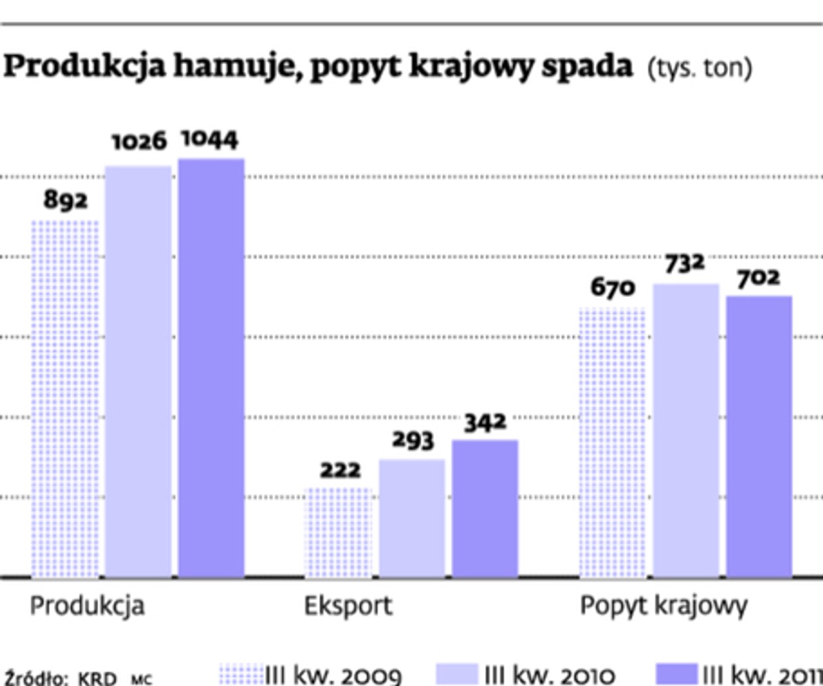 Produkcja hamuje, popyt krajowy spada (tyś. ton)