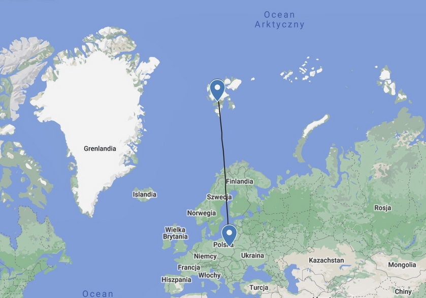 Odległość z Warszawy do Longyearbyen wynosi w lini prostej 2,9 tys. km