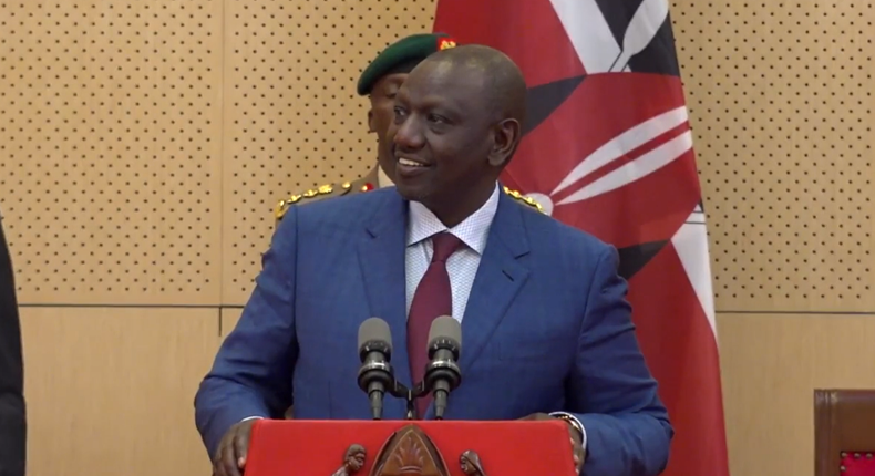 President William Ruto speaking during a joint media briefing with his Tanzanian counterpart Samia Suluhu on Monday, October 10 in Dar es Salaam.  