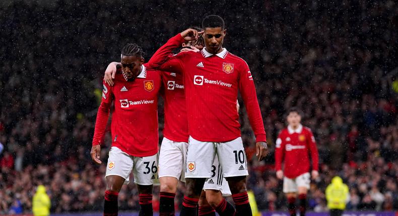 Manchester United's Marcus Rashford celebrates scoring their side s third goal of the game during the Premier League match at Old Trafford on January 3, 2023.