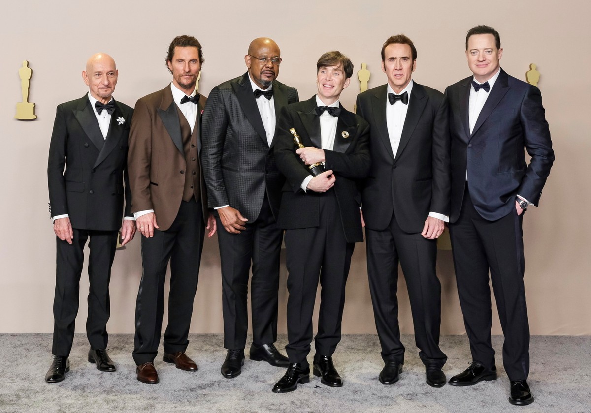 Sir Ben Kingsley, Matthew McConaughey, Forest Whitaker, Cillian Murphy, winner of the Oscar for Best Actor in a Leading Role award for 'Oppenheimer,' Nicolas Cage, and Brendan Fraser in the press room during the 96th annual Academy Awards ceremony at the Dolby Theatre in the Hollywood neighborhood of Los Angeles, California, USA, 10 March 2024.