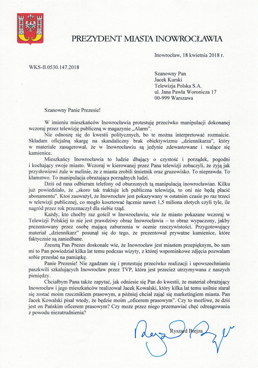 List prezydenta Ryszarda Brejzy do prezesa Jacka Kurskiego