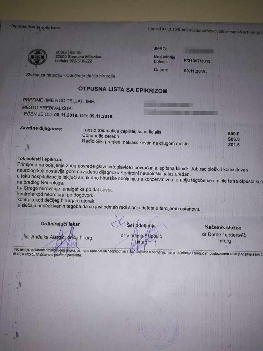 U otpusnoj listi dijagnostikovano da je devojčica imala potres mozga i površinske povrede glave