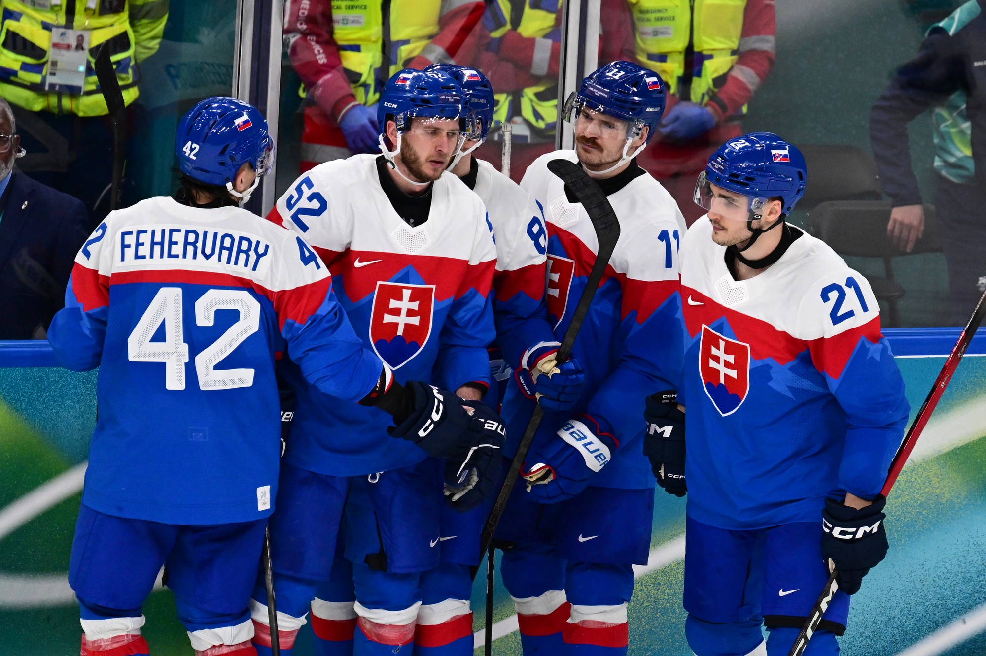 Slovenskí hokejisti zľava Martin Fehérváry, Martin Marinčin, Miloš Kelemen a Adam Ružička. 
