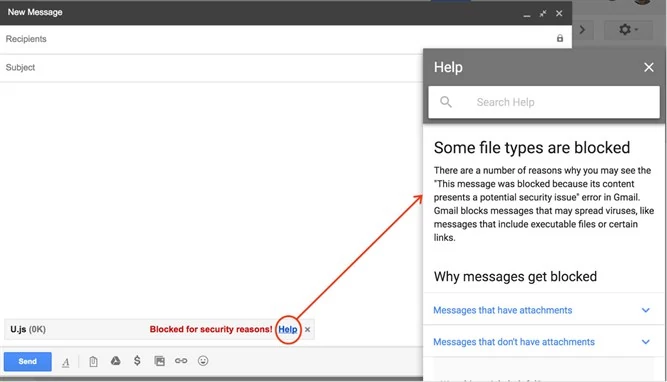 Komunikat z poczty Gmail o zablokowanym załączniku