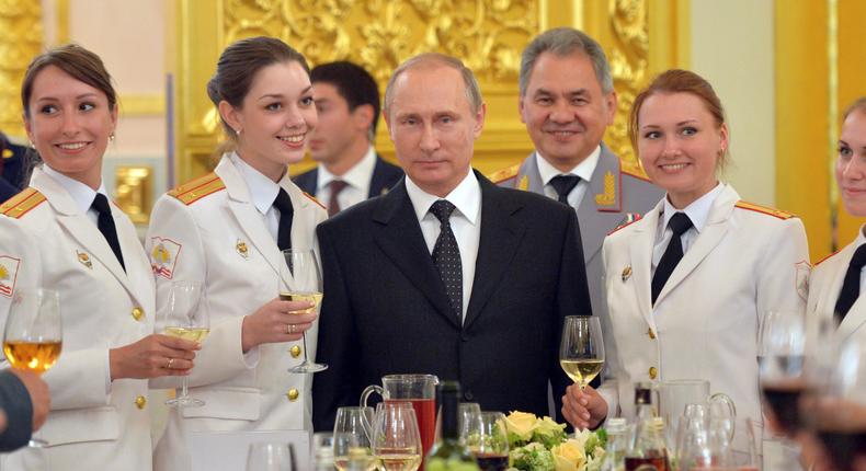 Russian President Vladimir Putin honors graduates of military academies in Moscow on June 28, 2016.