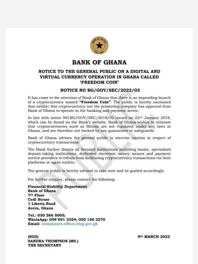 Bank of Ghana's Statement On Freedom Coin
