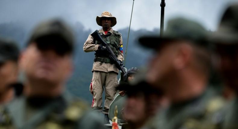 Venezuelan troops are pictured at a press conference given by Defence Minister General Vladimir Padrino Lopez at Fort Tiuna in Caracas on Monday