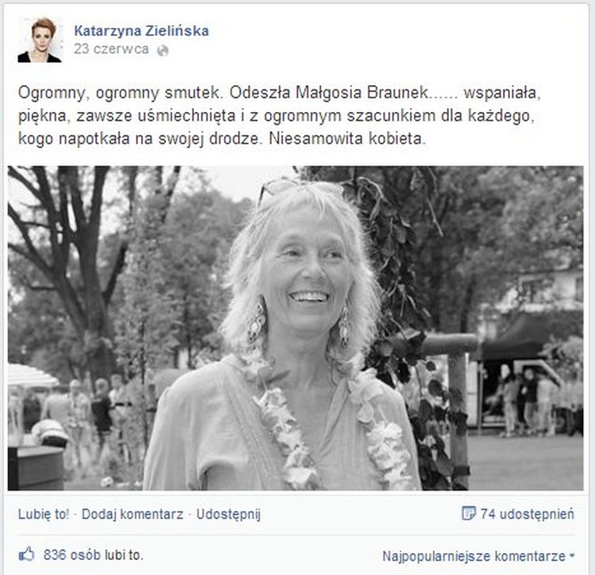 Wpis Katarzyny Zielińskiej o śmierci Małgorzaty Braunek