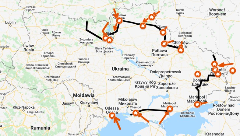 Orientacyjna mapa działań wojennych w Ukrainie. Stan na wieczór 25 lutego