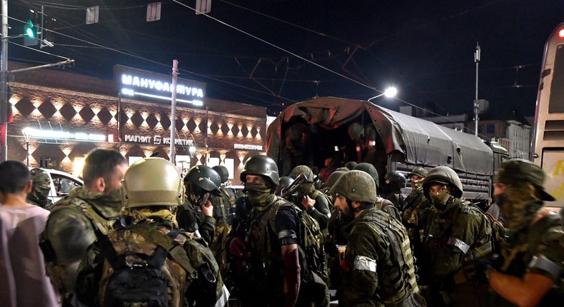 Members of the Wagner Group prepare to depart from the Southern Military District's headquarters and return to their base in Rostov-on-Don, Russia on June 24, 2023.Arkady Budnitsky/Anadolu Agency via Getty Images