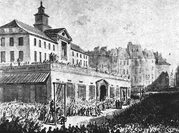 Publiczna egzekucja w maju 1794 r. przez powieszenie skazanych przywódców konfederacji targowickiej w Warszawie