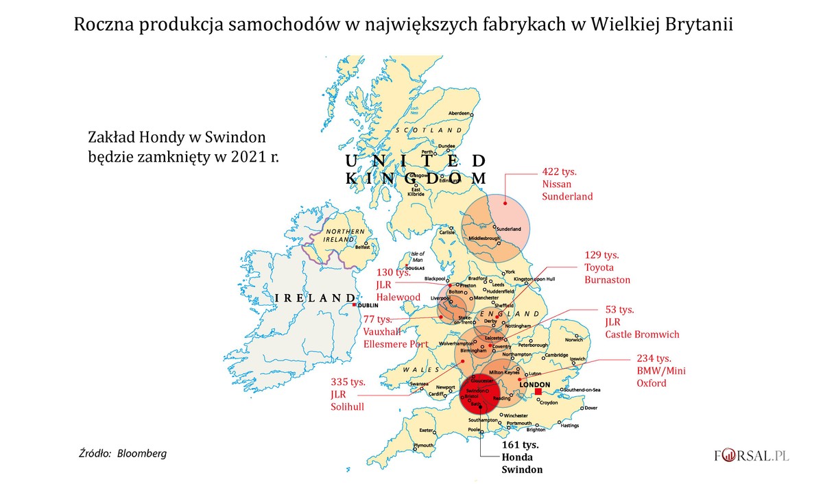 Roczna produkcja samochodów w największych zakładach w Wielkiej Brytanii