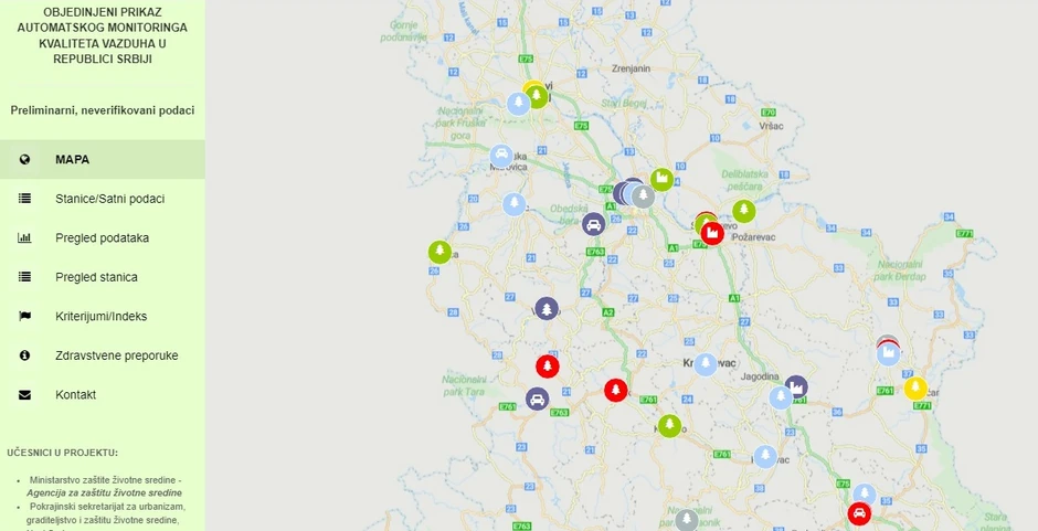Pored Beograda, mapa SEPA pokazuje da je jako zagađen vazduh još u Obrenovcu, Lazarevcu, Valjevu, Užicu...