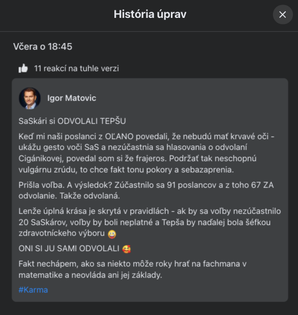 Status Igora Matoviča na odvolanie Jany Bittó Cigánikovej. 