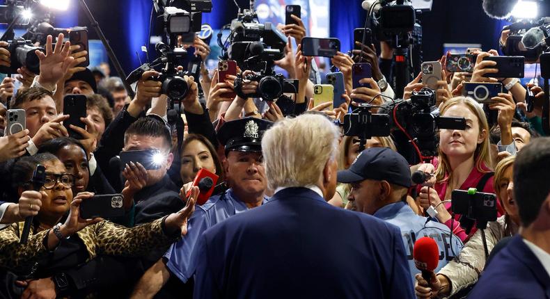 Trump made a rare visit to the spin room after the presidential debate on Tuesday.Kevin Dietsch/Getty Images