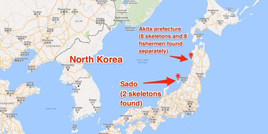 Map showing the proximity between Akita prefecture, Sado, and North Korea.