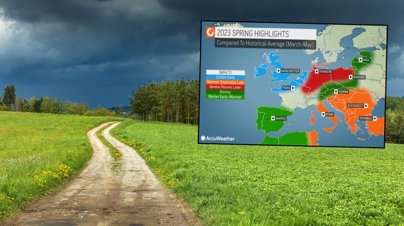 Wiosną pogoda w Europie, w tym w Polsce, może nie być spokojna (mapa: AccuWeather)