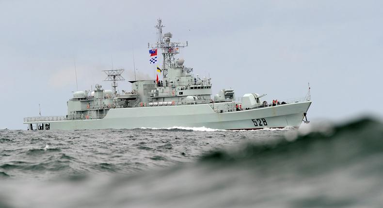 China's People's Liberation Army (PLA) naval frigate 'Mianyang' approaches Sydney Harbour on September 20, 2010.