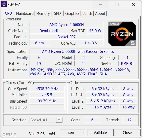 Lenovo IdeaPad Gaming 3 (15ARH7) – CPU-Z – specyfikacja procesora AMD Ryzen 5 6600H