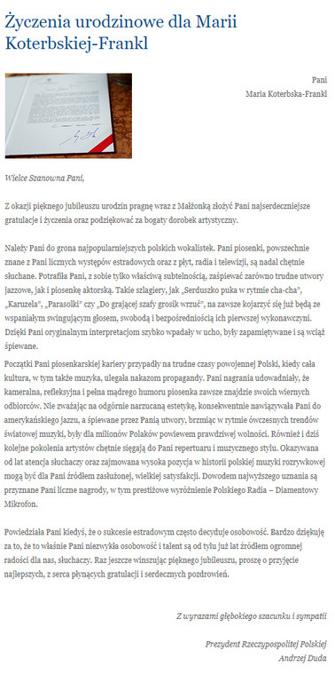 Andrzej Duda składa życzenia Marii Koterbskiej