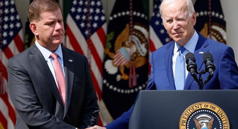 President Joe Biden shakes hands with Labor Secretary Marty Walsh during an event in the Rose Garden of the White House September 15, 2022 in Washington, DC.Anna Moneymaker/Getty Images