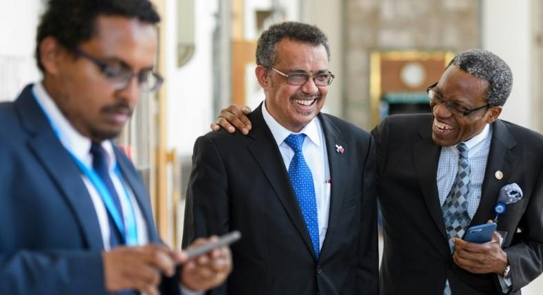 Ethiopia's Tedros Adhanom, centre, after addressing delegates at the World Health Organization assembly in Geneva on Tuesday