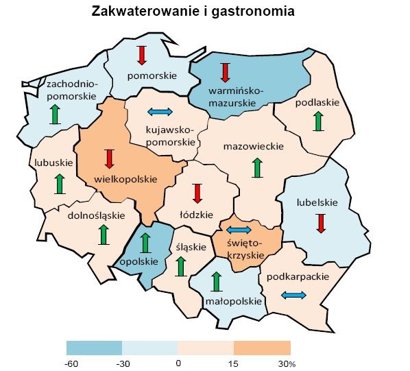 Ogólny klimat koniunktury według województw (dane wg siedziby przedsiębiorstwa) - usługi zakwaterowanie i gastronomia