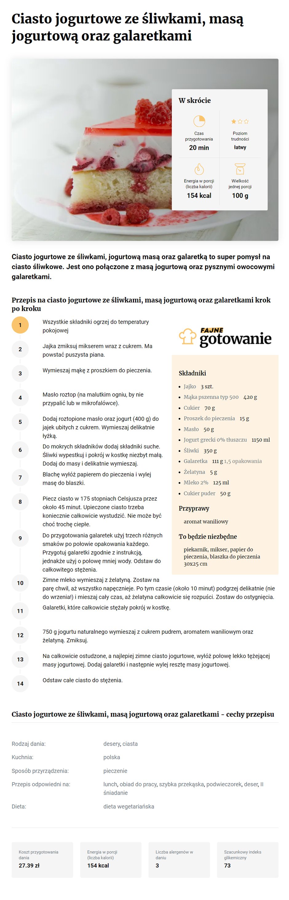 Ciasto jogurtowe ze śliwkami, masą jogurtową oraz galaretkami