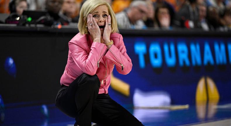 Kim Mulkey reacts to a late offensive foul against her LSU Tigers during their SEC Tournament matchup against Tennessee.Eakin Howard/Getty Images