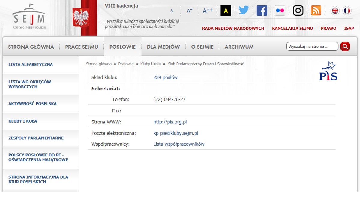 Czy Klub Parlamentarny Prawa i Sprawiedliwości zmienił swoją nazwę? Przez kilkadziesiąt minut na sejmowej stronie znajdował się odnośnik do strony, która zamiast do klubu parlamentarnego PiS, przekierowała do Klubu Przyjaciół Pieczywa i Sera. Po wysłaniu naszych pytań, błąd został naprawiony.