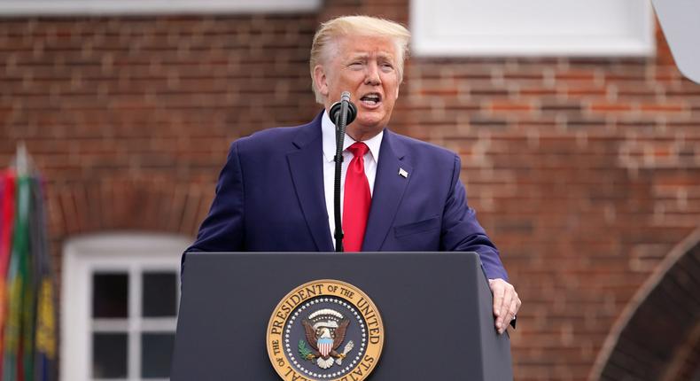 President Donald Trump speaks during a Memorial Day ceremony at Fort McHenry National Monument and Historic Shrine, Monday, May 25, 2020, in Baltimore. (AP Photo/Evan Vucci)